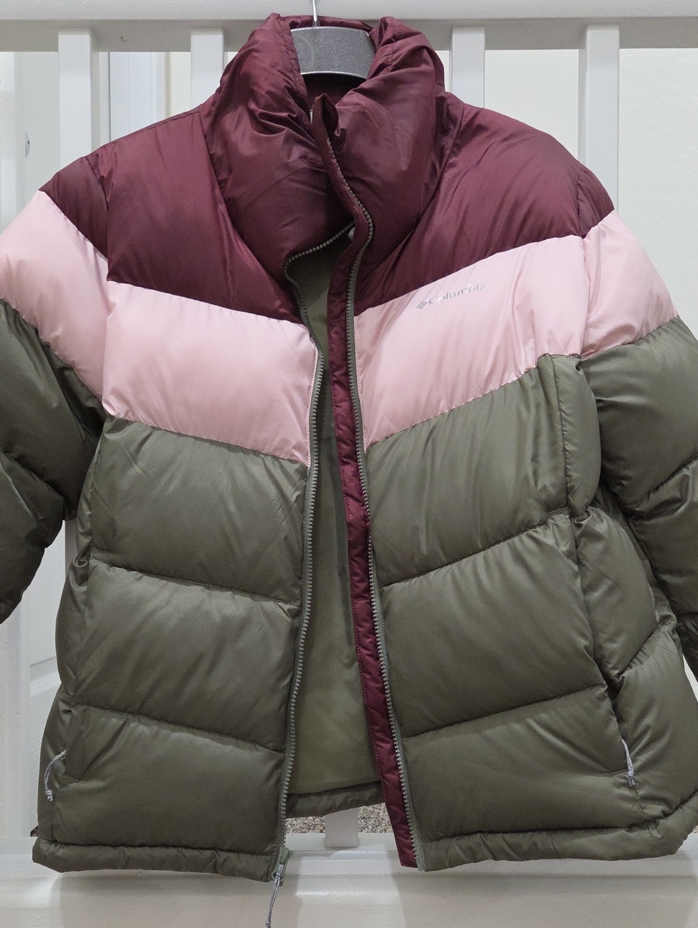 Columbia Olive, Pink & Burgundy Chevron Puffer Jacket